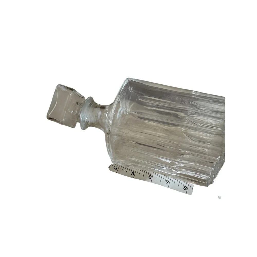 Vintage Clear Glass Square Whiskey Decanter Ribbed Bark Texture with Stopper